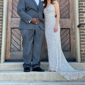 Sherri Hill fitted white prom dress with silver embellishments